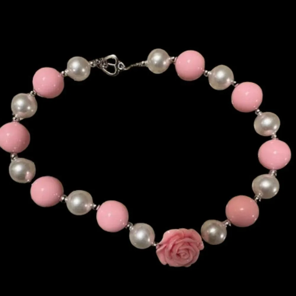 Pink Rose Chunky Bead Necklace  (2)    4177  Handmade NWT Boutique